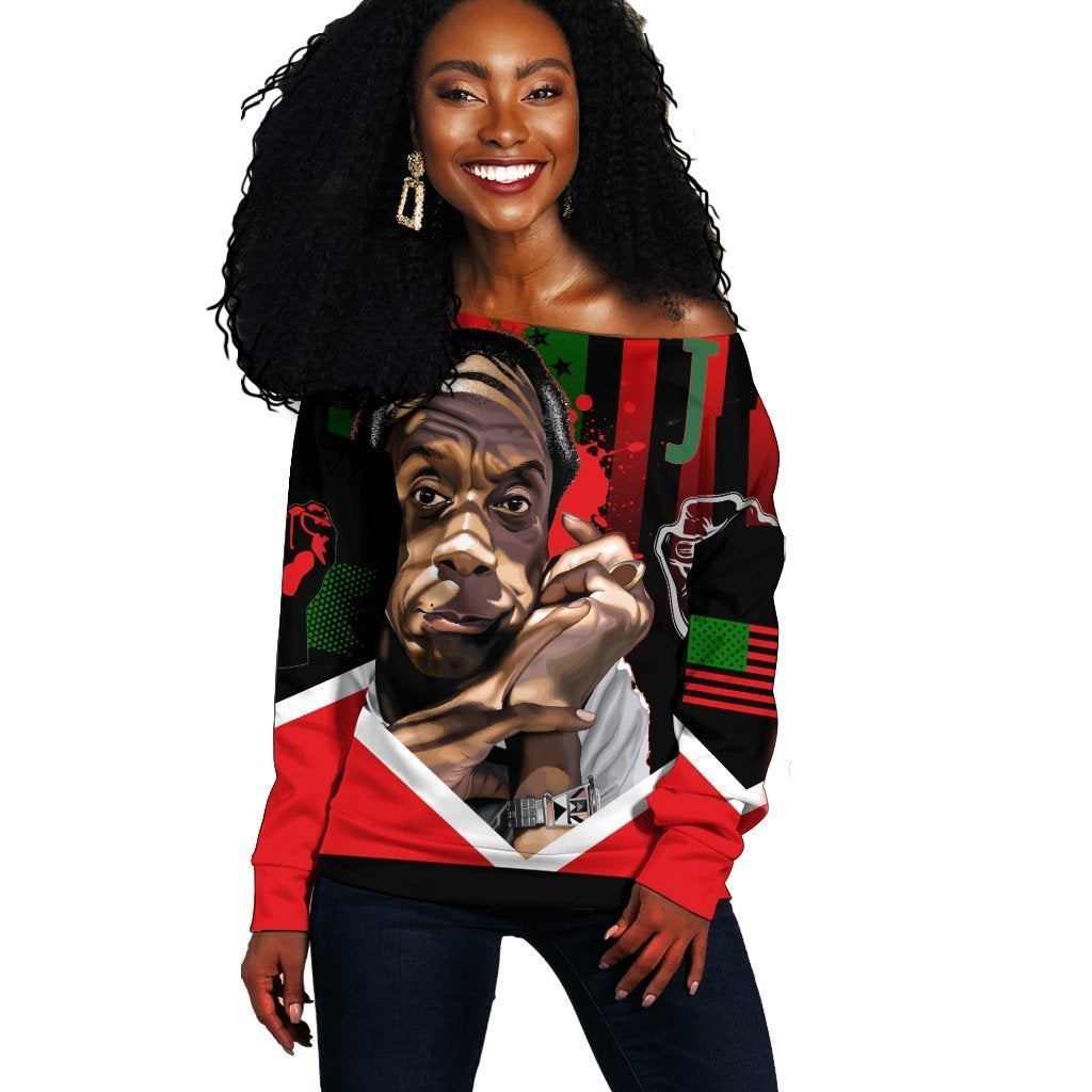 Wonder Print Shop Sweatshirt – African American Flag James Baldwin Women Off Shoulder