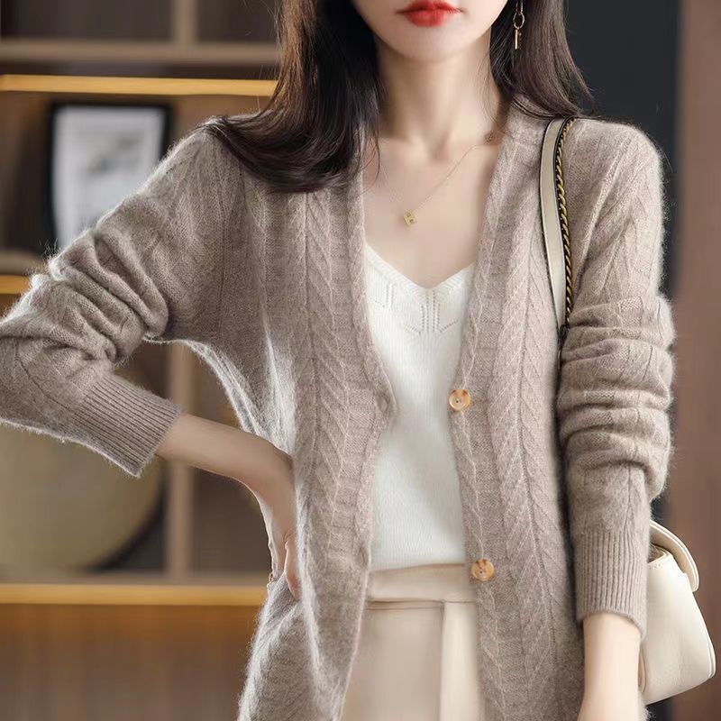 Autumn Winter Elegant Fashion V-neck Solid Sweater Cardigan Women Long Sleeve Button Up All-match Knitting Coat Female Clothes alx