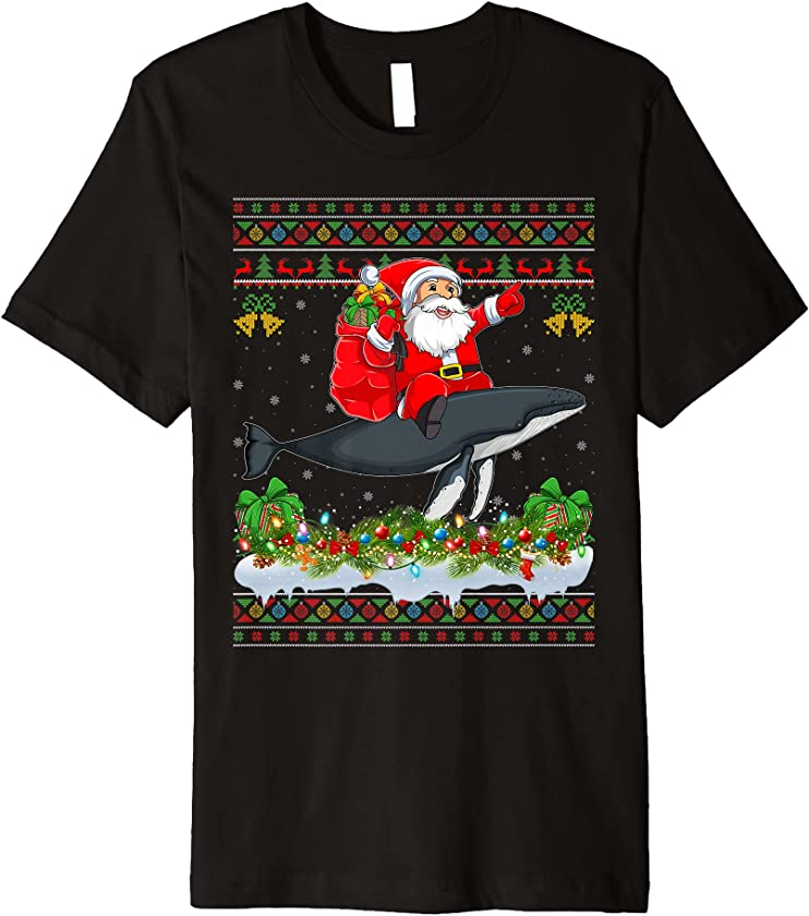 Whale Fish Xmas Pajama Ugly Santa Riding Whale Christmas Premium T-Shirt