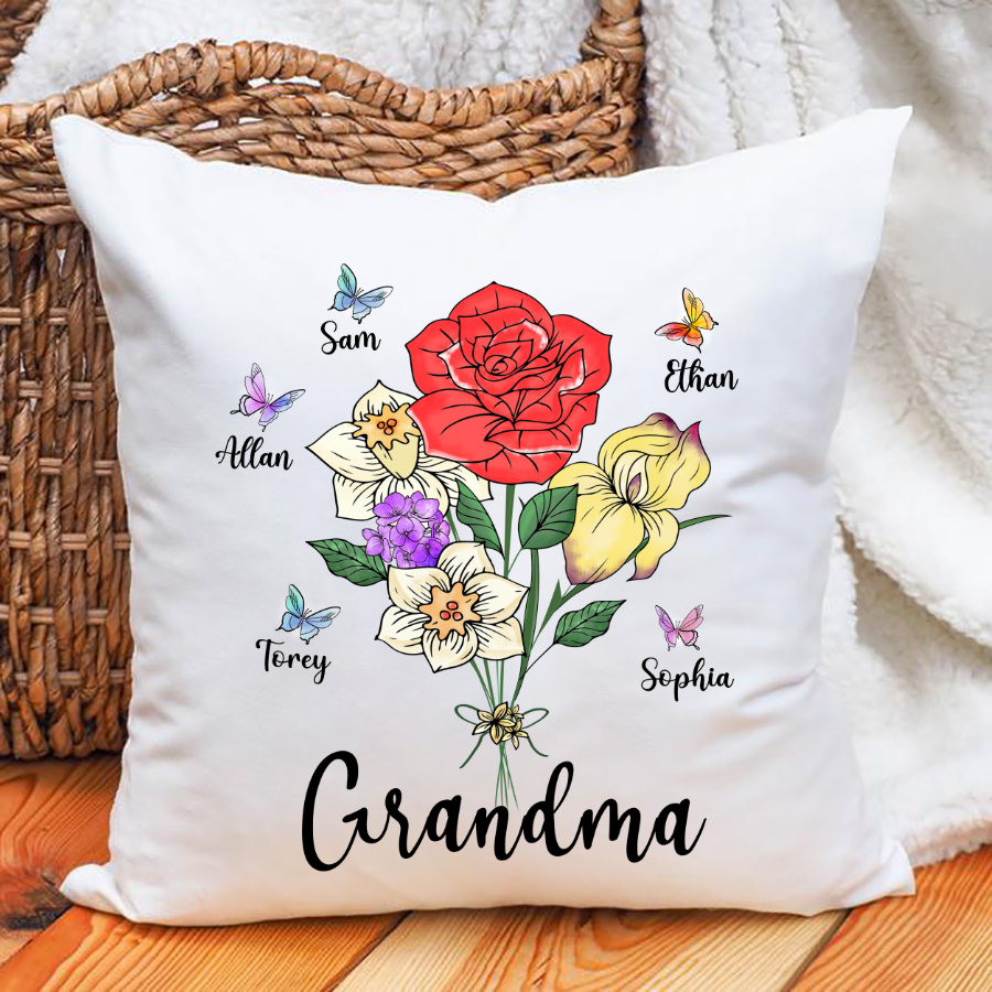 Grandma And Grandkids Flower Butterfly Indoor Pillow