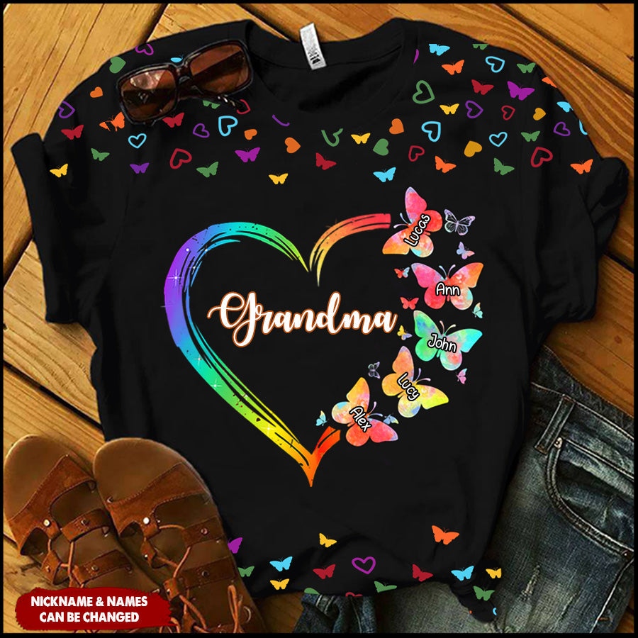 Personalized Grandma Mom Heart Butterflies Mother’S Day Best Gift 3D T-Shirt