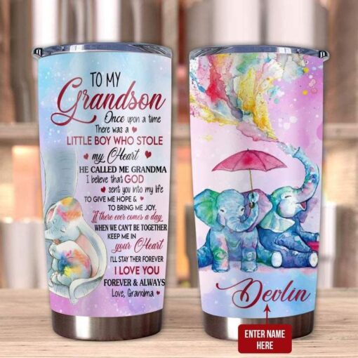 To Grandson Elephant Once Upon A Time There Was A Little Boy Personalized Stainless Steel Tumbler