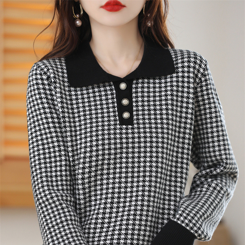 2022 Autumn And Winter New Cotton Women’s Middle-Aged And Elderly Large Size Houndstooth Jacquard Knitted Pullover Sweater alx