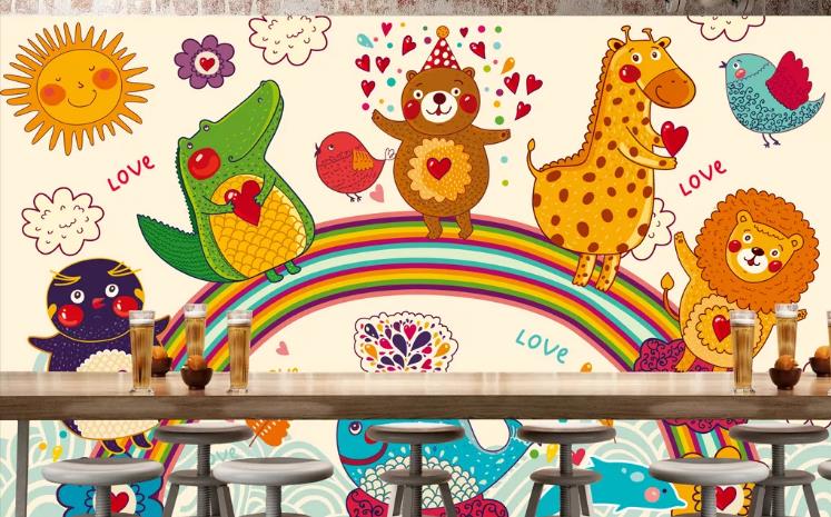 3D Cartoon Animal Rainbow Wall Mural Wallpaper Lqh 615