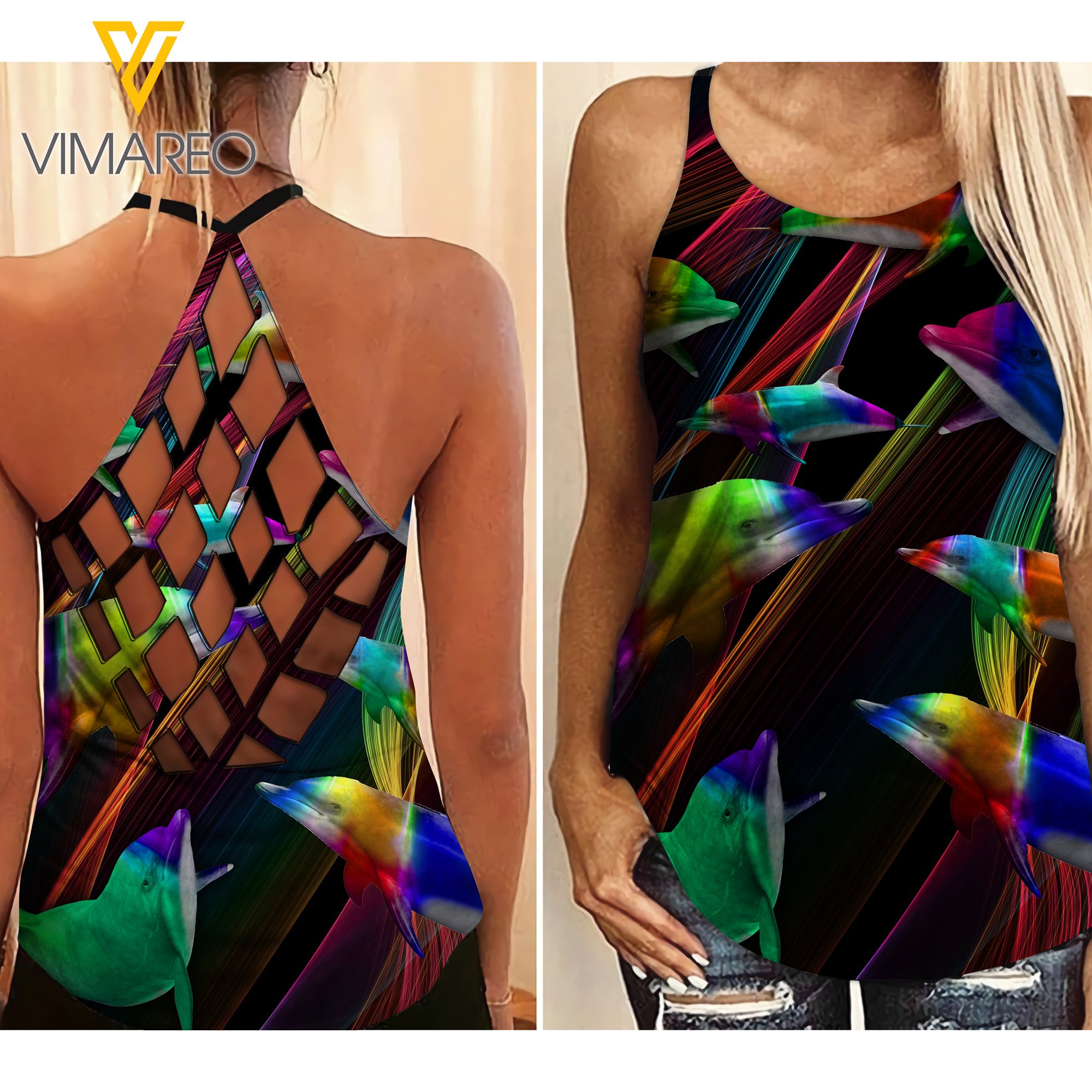 Dolphin Girl Criss-Cross Open Back Camisole Tank Top 1407Mq