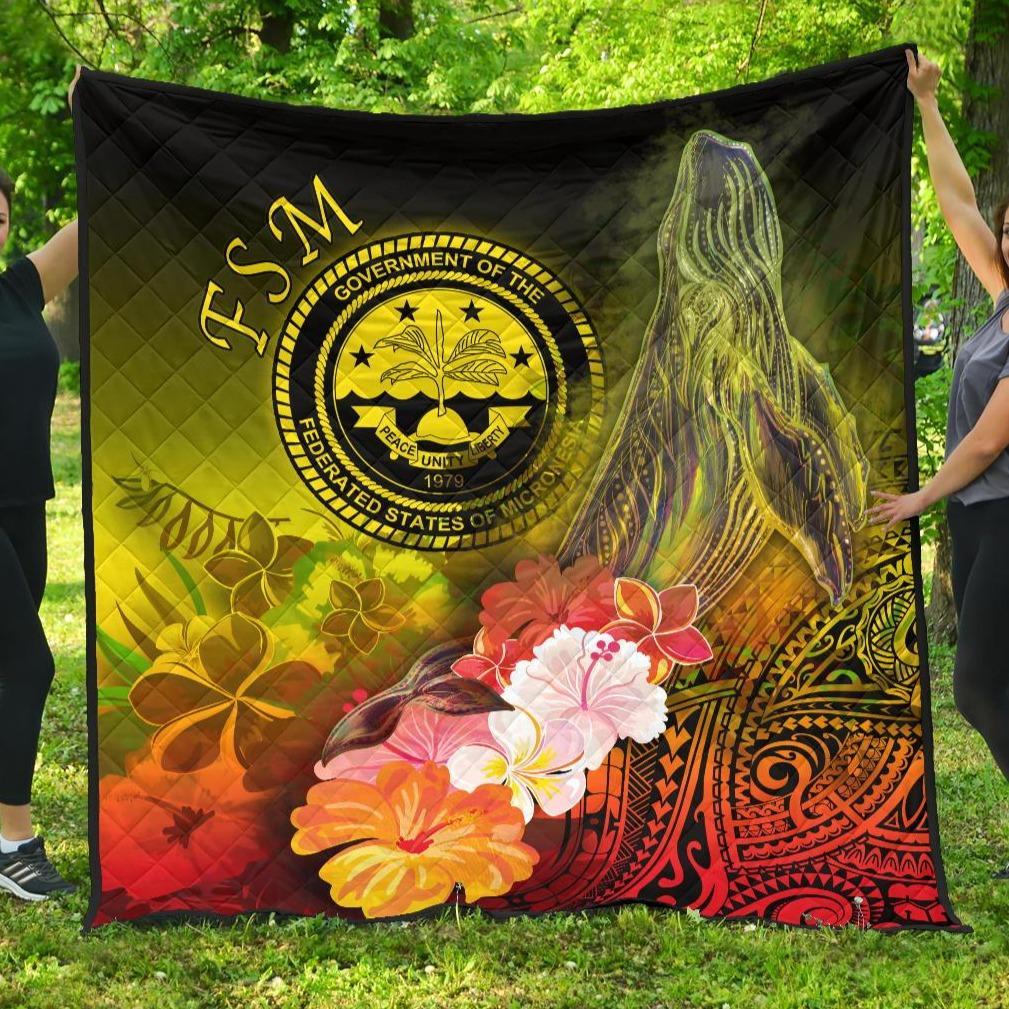 Federated States Of Micronesia Premium Quilts – Humpback Whale With Tropical Flowers (Yellow)