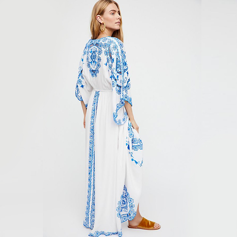 Summer new Chinese style blue and white porcelain embroidery Bohemian travel hollow-out V collar flared sleeve dress alx