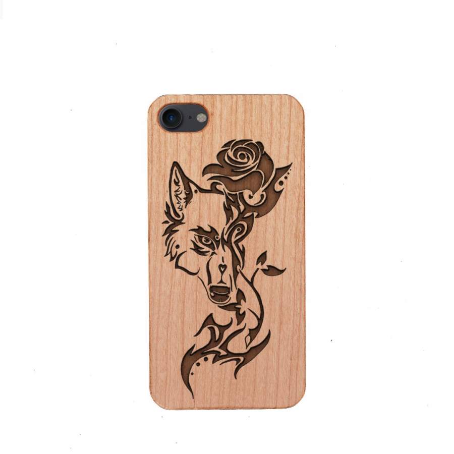 Wood Phone Case for Universal Models -Wolf and Rose 004