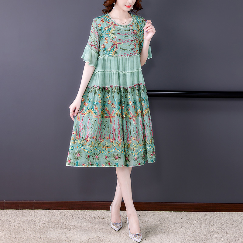 Summer Elegant Floral Embroidery Loose Midi Dresses 2021 Vintage 4XL Plus Size Mulberry Silk Dress Women Bodycon Party Vestidos alx