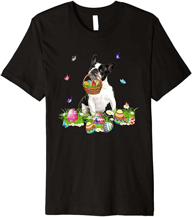 Boston Terrier Bunny Dog With Easter Eggs Basket Butterflies Premium T-Shirt