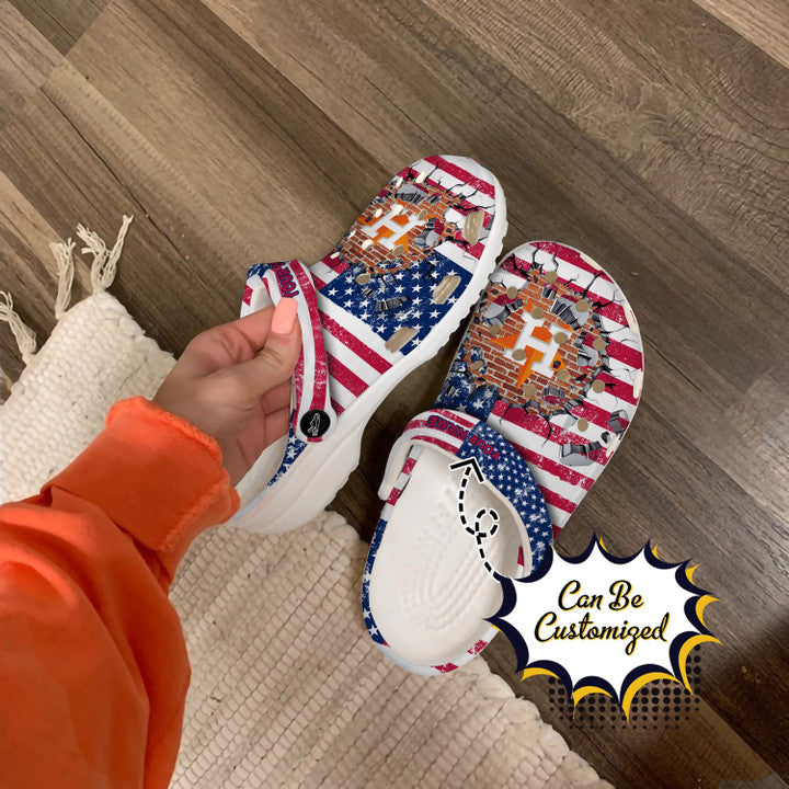 Baseball Crocss – Personalized H.Astros American Flag Breaking Wall Clog Shoes