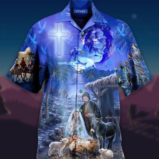 Lion With Jesus Was Born In Farm Blue Aloha Hawaii Shirts For Men And Women Ha2100