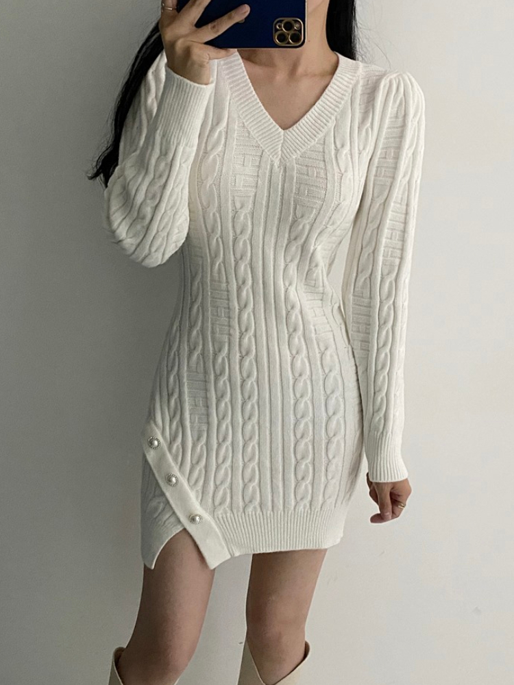 Vintage Button Dress for Women Korean Fashion Casual Slim V-Neck Solid Long Sleeve Knitting Mini Dresses Autumn Winter Clothing alx