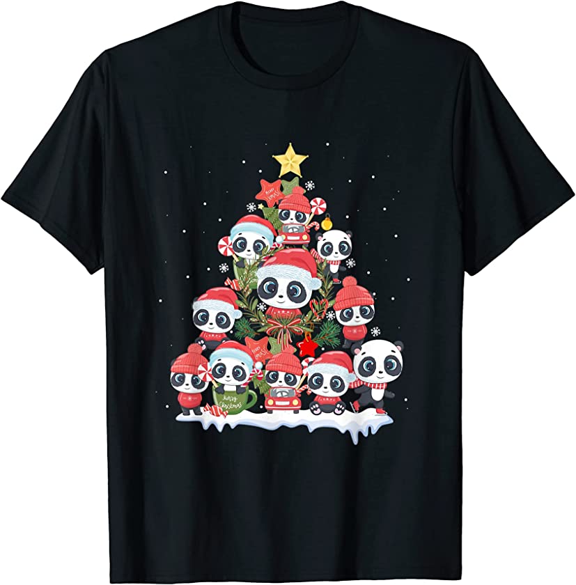 Cute Panda Puppy Christmas Tree For Women Girls Xmas Pjs T-Shirt