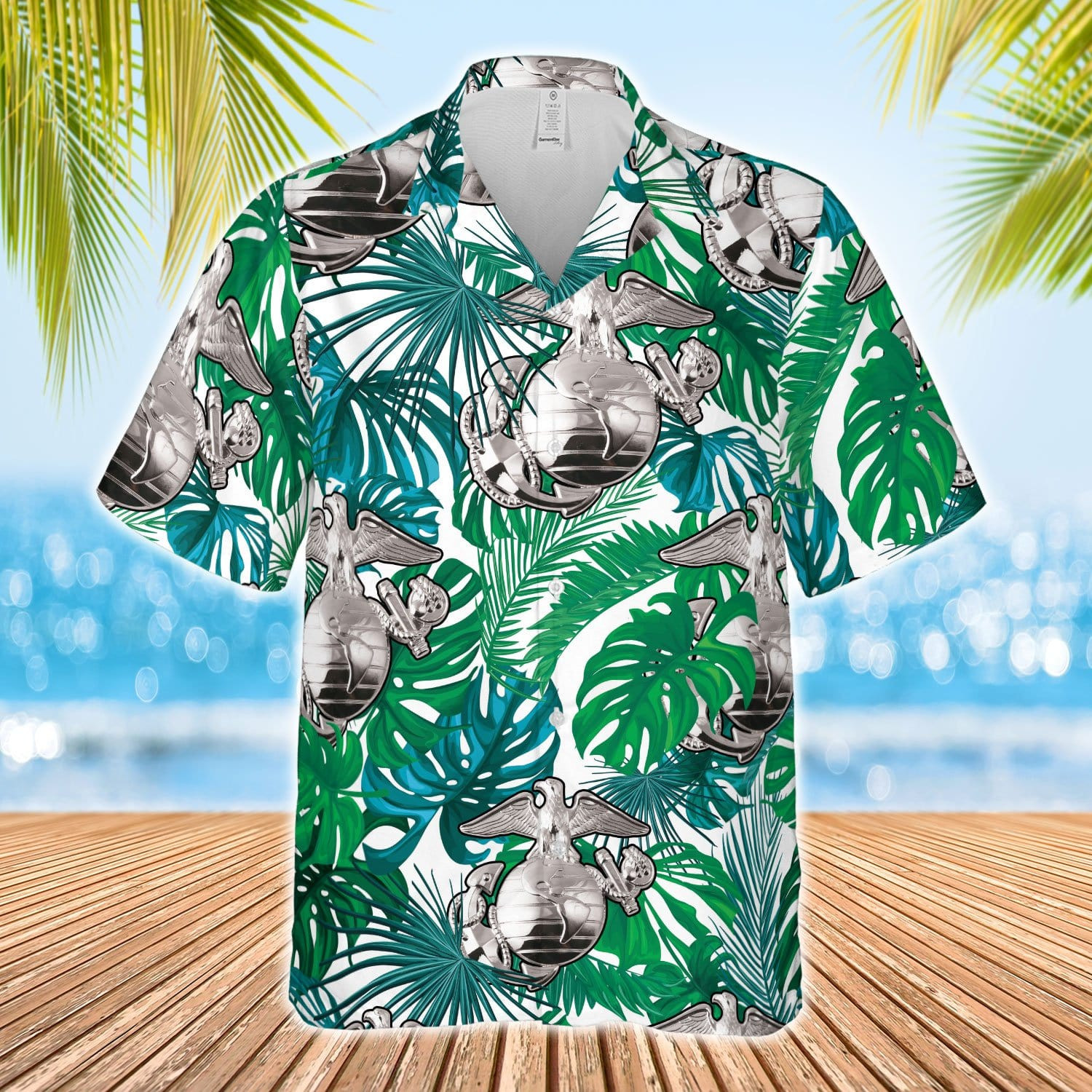 Silver Us Marine Corps Logo Green Leaves Summer Tropical Unisex Hawaii Shirts Ha74901