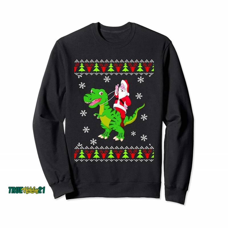 Ugly Sweater Santa Riding Dinosaur Christmas Rex Sweatshirt