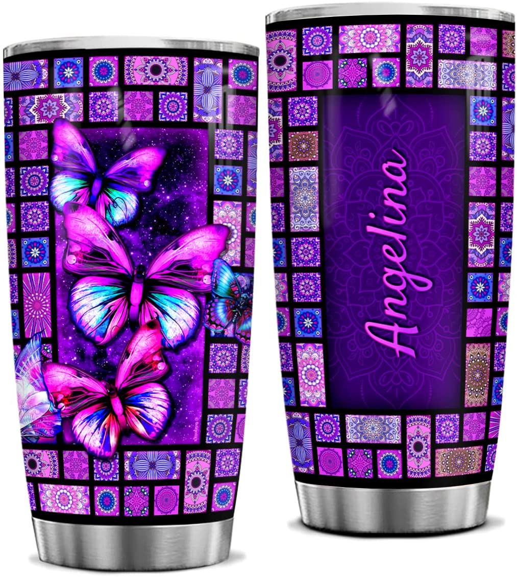 Personalized Butterfly Tumbler Mandala Pattern Design Tumblers Cup With Lid 20Oz 30Oz Coffee Mugs Custom Gifts For Women Girls Female Animal Lovers Birthday Christmas Presents Idea