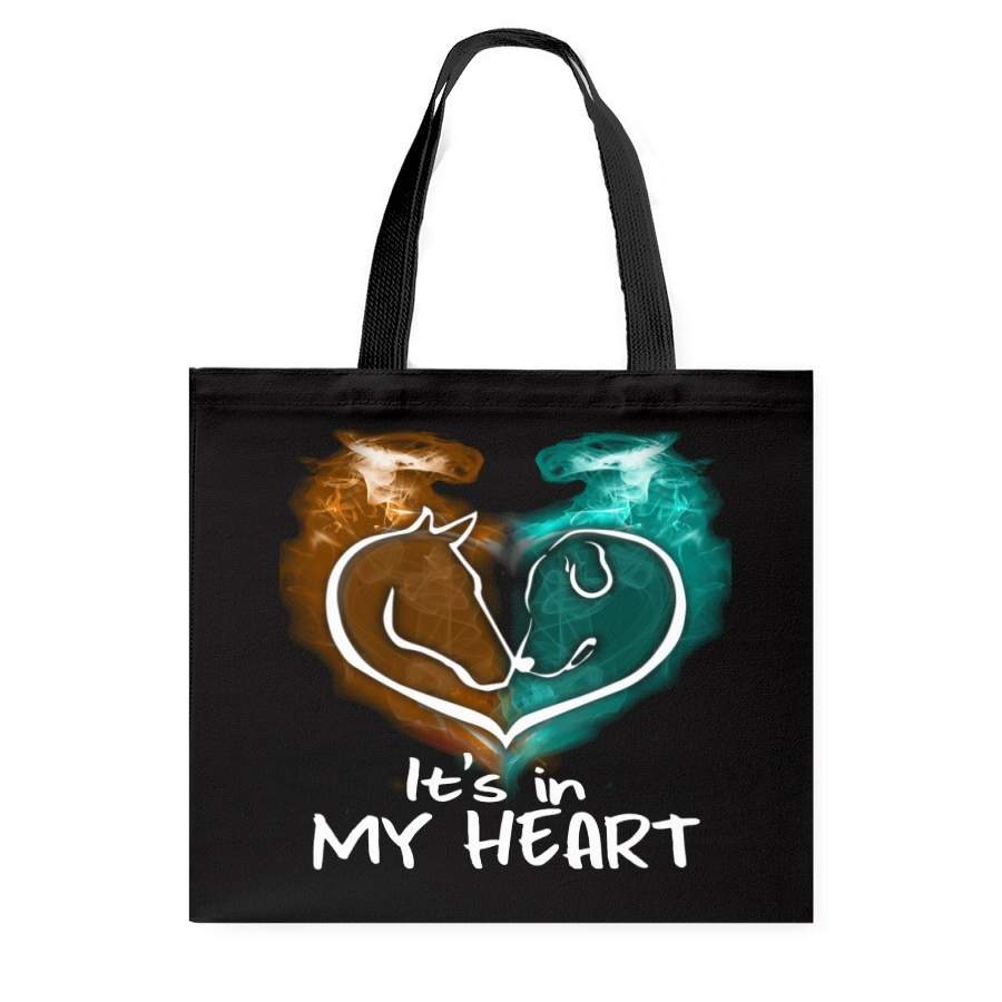 It’s In My Heart Horse Dog Gift For Couple Black T-Shirt Basketweave Tote Bag