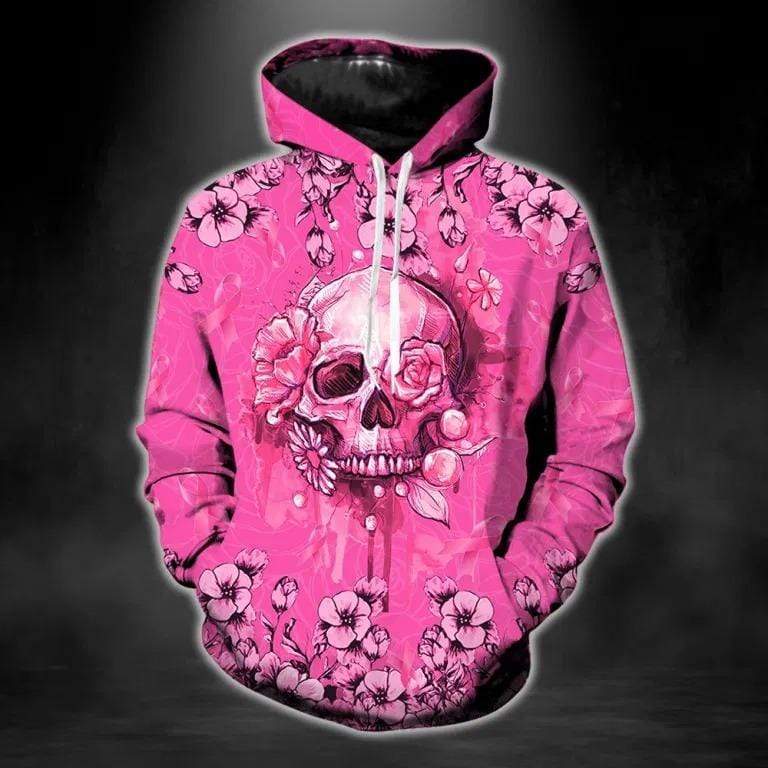 Skull Breast Cancer Warrior Pink Flower Hoodie 3D #H