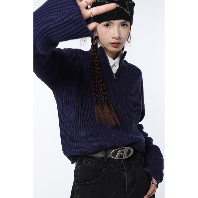 Women Navy Blue Sweater Fashion Vintage Leisure Lazy Wind Loose Winter Female Thicken Warm Long Sleeve Knitting Pullover alx