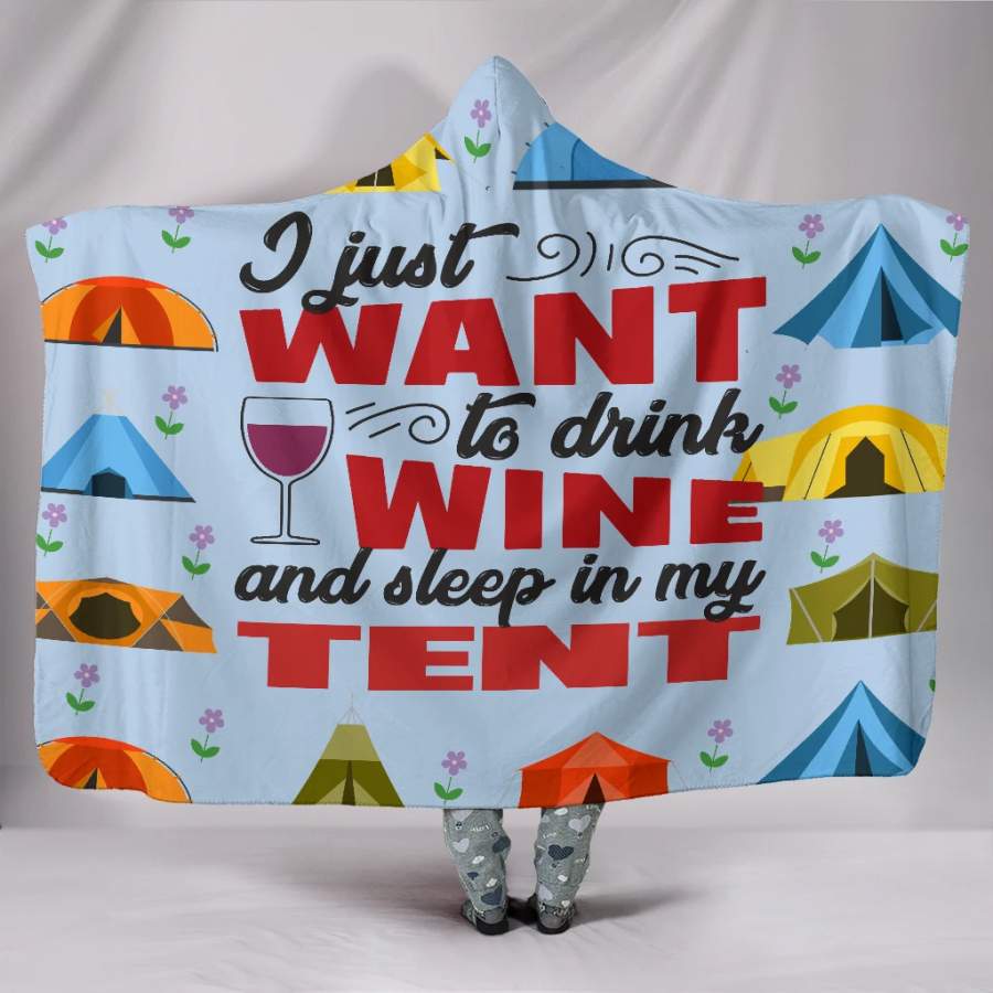 Wozoro Hooded Blanket CampingI Just Want To Drink Wine Ans Sleep In Tent Blue Color Adult, Youth Size