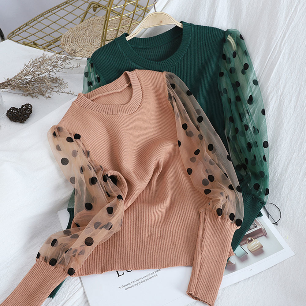 Spring Autumn O Neck Mesh Patchwork Puff Long Sleeve Pullover Sweater Knit Dot Slim Fit Pull Femme Autumn Spring Fashion Top alx