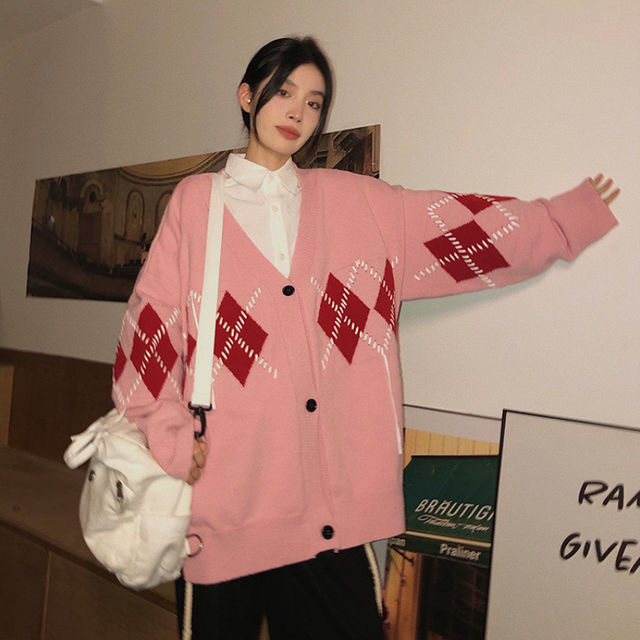 Women Black Cardigan Sweater Rhombic Lattice Outerwear V-neck Fashion Vintage Leisure Lazy Wind Winter Long Sleeve Knitting Coat alx