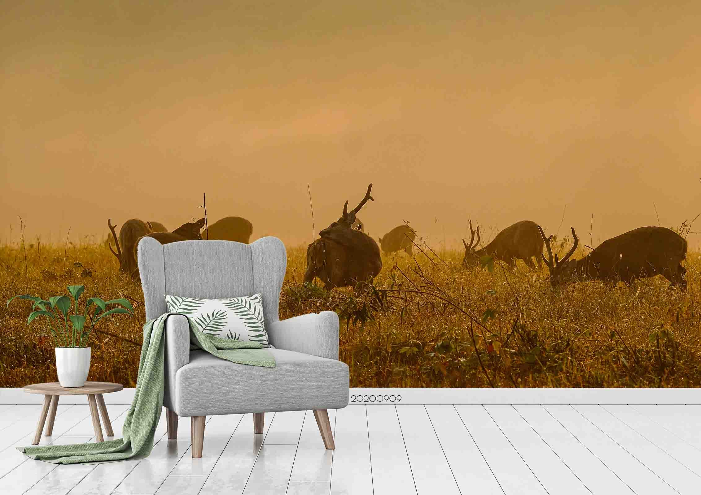 3D Sunset Grassland Buck Animal Wall Mural Wallpaper Lxl 324