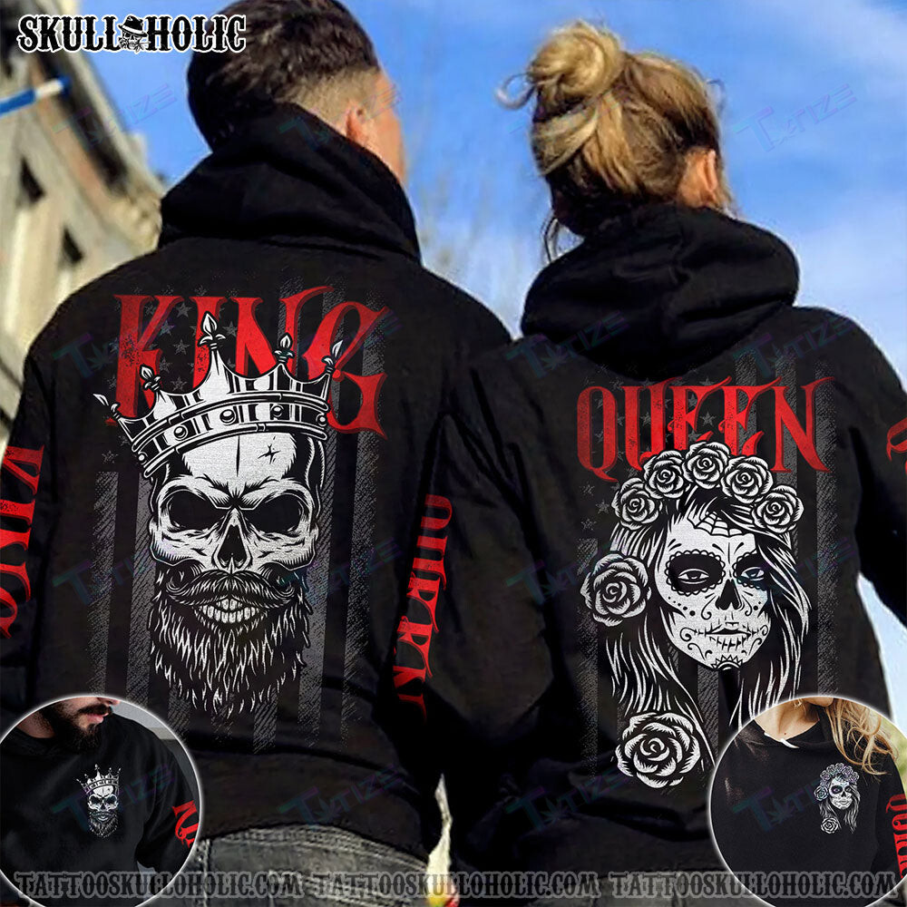 Matching Couple Shirt King Queen Sugar Skull Couple 3D All Over Printed Shirt, Sweatshirt, Hoodie, Bomber Jacket Size S – 5Xl