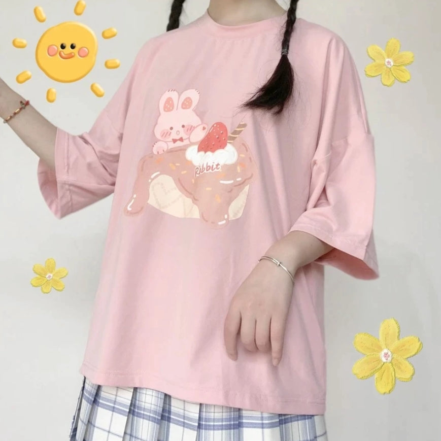 Pink Kawaii Tshirt Rabbit And Cake