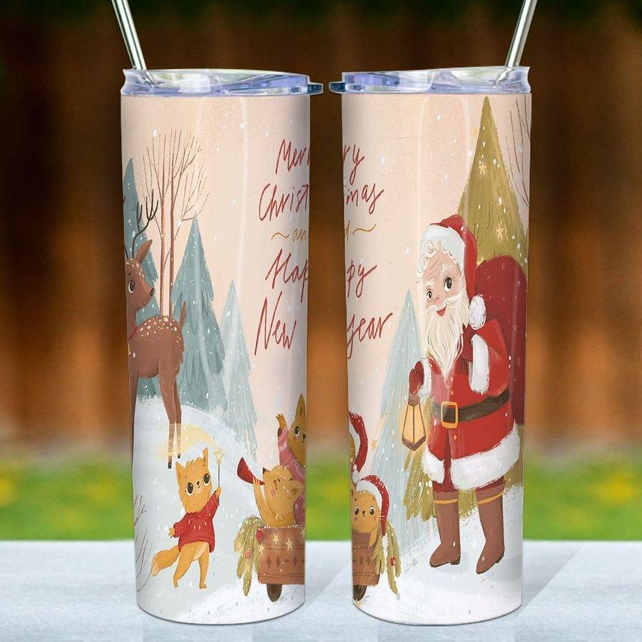 Santa Claus And Christmas Animal Skinny Tumbler, Christmas, Animal Lovers Skinny Tumbler