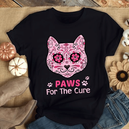 Cats Lover Breast Cancer Awareness Heart Paws For The Cure Flower Animals T Shirt Hoodie Sweater Size S-5Xl