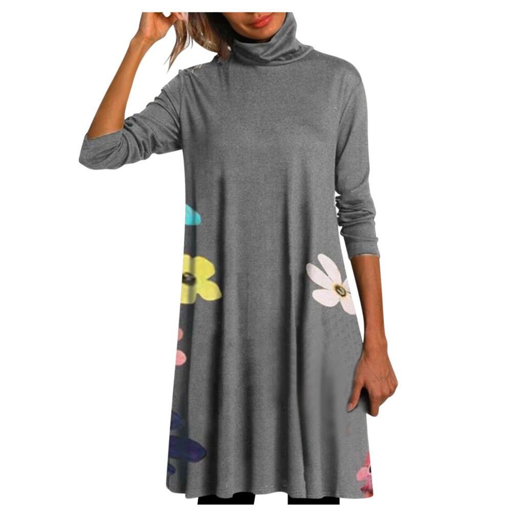 Autumn Winter Women’s Long Sleeve Turtleneck Loose Mini Dress Elegant Casual T shirt Dress Plus Size Vintage Warm Print Dresses alx