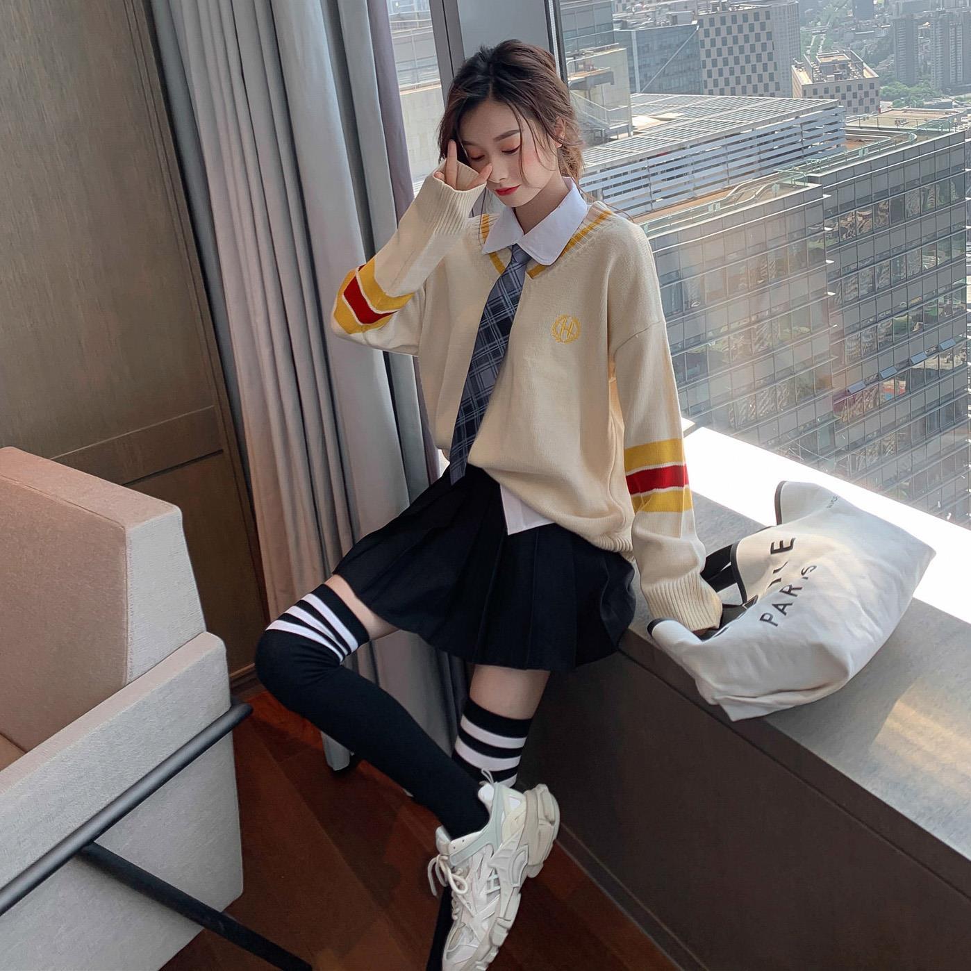 Autumn/Winter Sets Women Set Japanese Shirt + Sweater + Skirt + Tie +Sock Preppy Style Girl Sweet Set alx