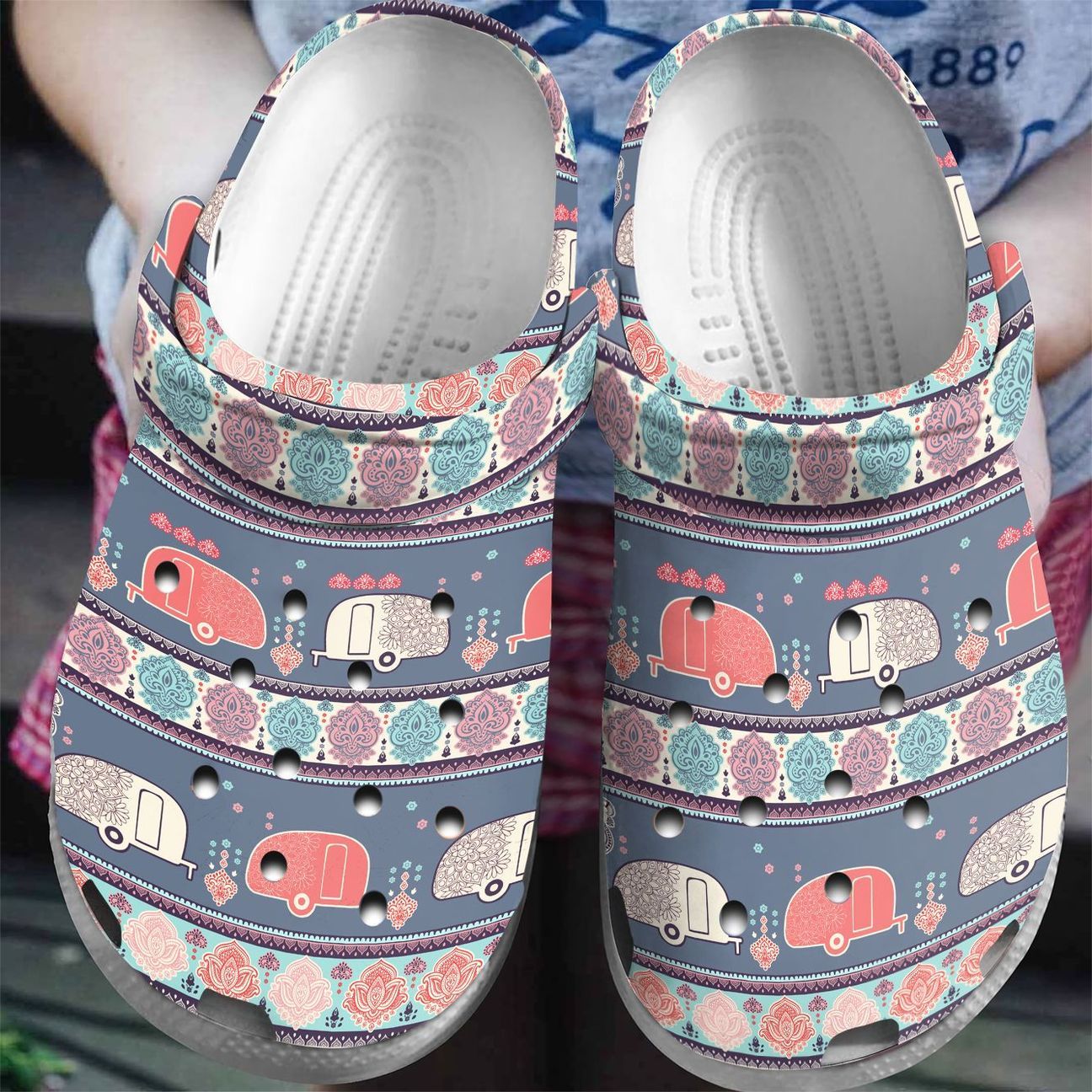 Camper Pattern And Hippie Flower Personalized Clog, Custom Name, Text, Color, Number Fashion Style For Women, Men, Kid, Print 3D