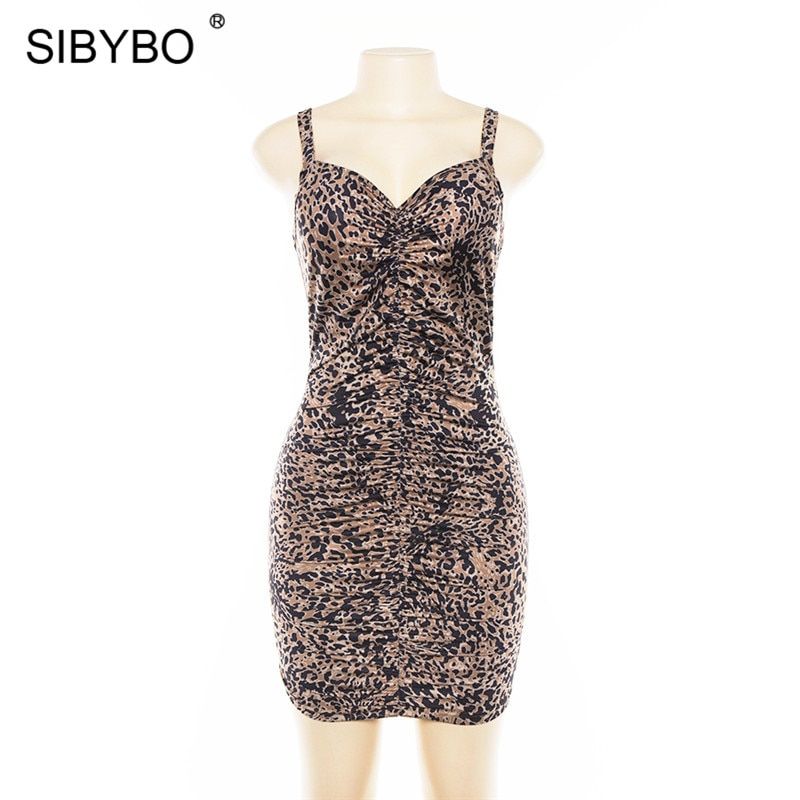 Spaghetti Strap Leopard Print Dress Sleeveless V-Neck Mini