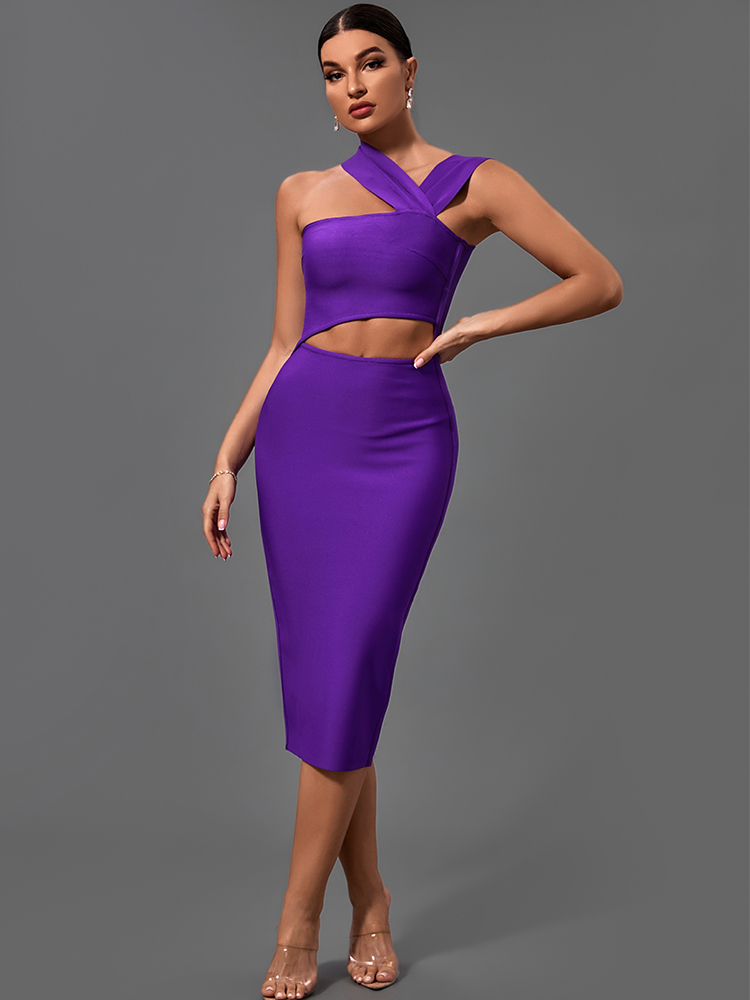 Bandage Dresses for Women 2022 Purple Bodycon Dress Evening Party Elegant Sexy Cut Out Midi Birthday Club Outfit Summer New alx