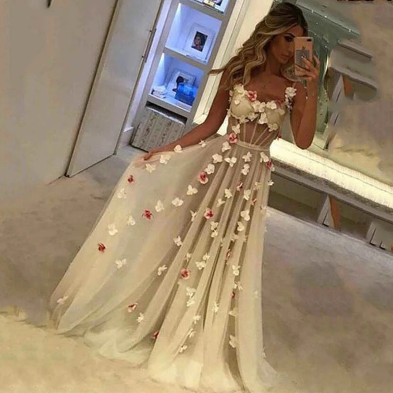 2022Flowers Long Prom Dresses Spaghetti Strap Tulle Women Evening Gowns Open Back Princess Formal Dress robes de soirée alx