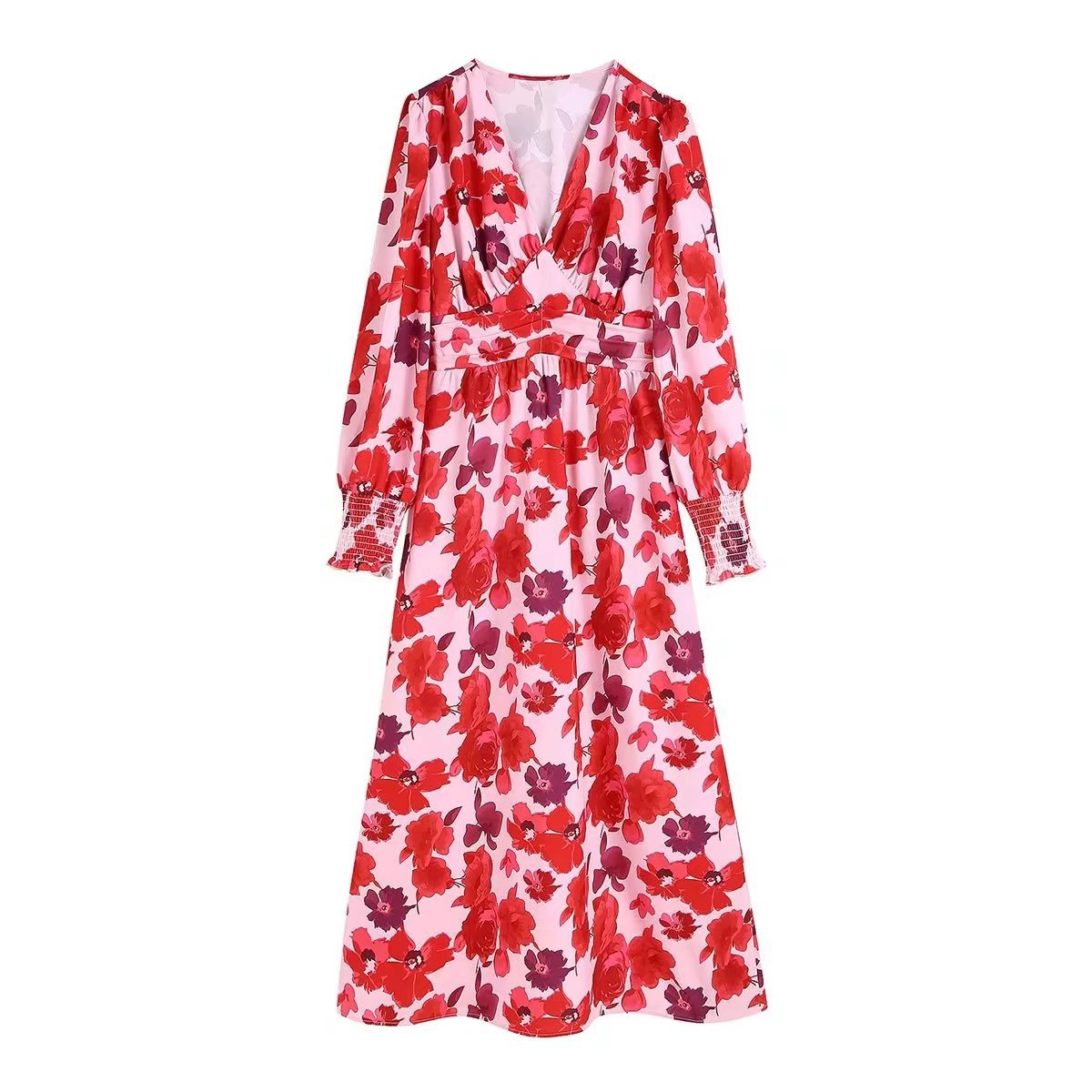 Women Elegant V Neck Red Floral Press Design Press Slim Midi Dress Female Long Sleeve Elastic Waist Party Vestidos alx