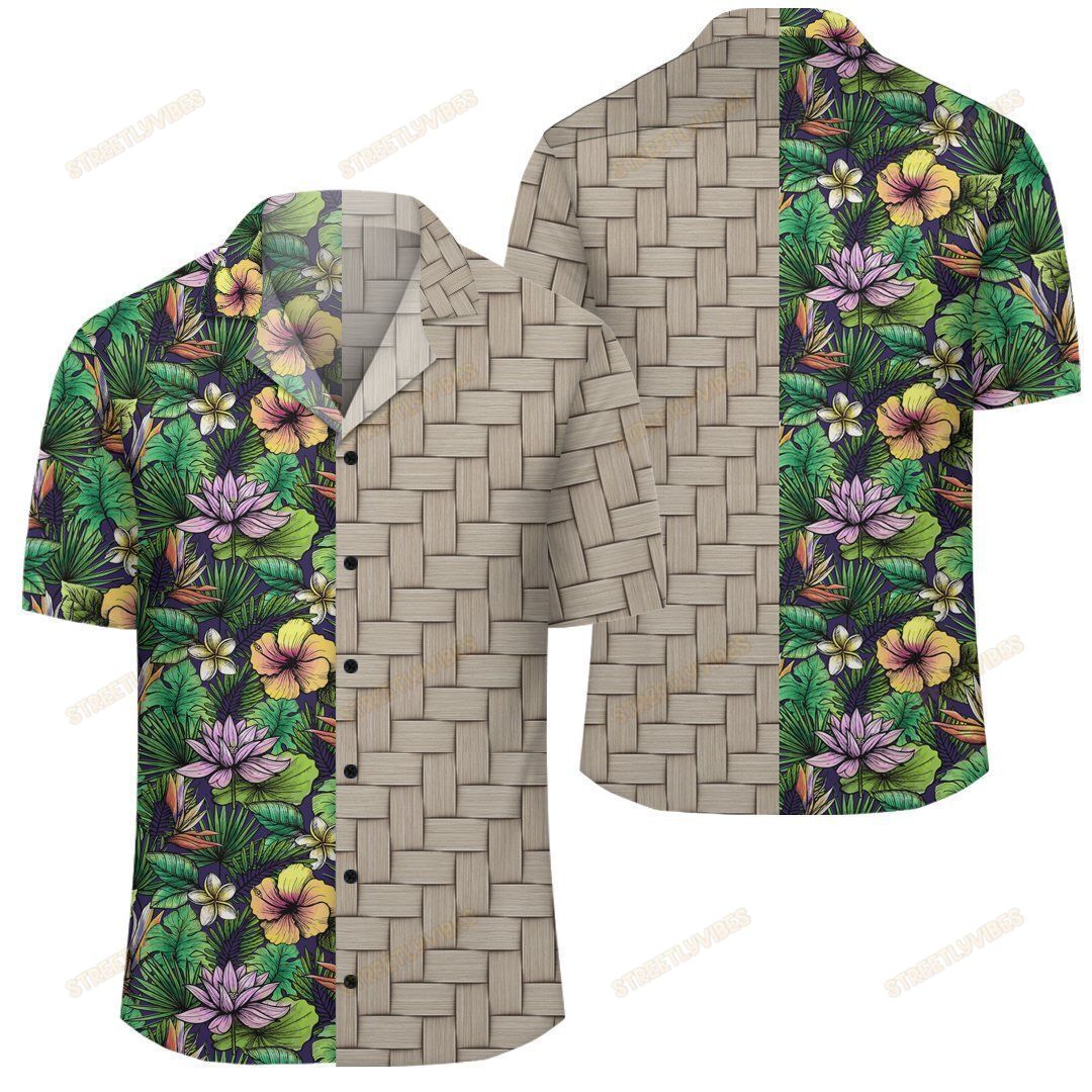 Hawaiian Hibiscus And Plumeria Green Lauhala Moiety Shirt Ah Jr Ha85279