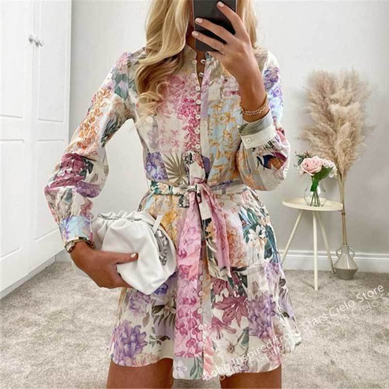 BOHO INSPIRED MULTICOLORED FLORAL PRINT summer DRESS women buttons down belted long sleeve woman dress new elegant ladies dress alx