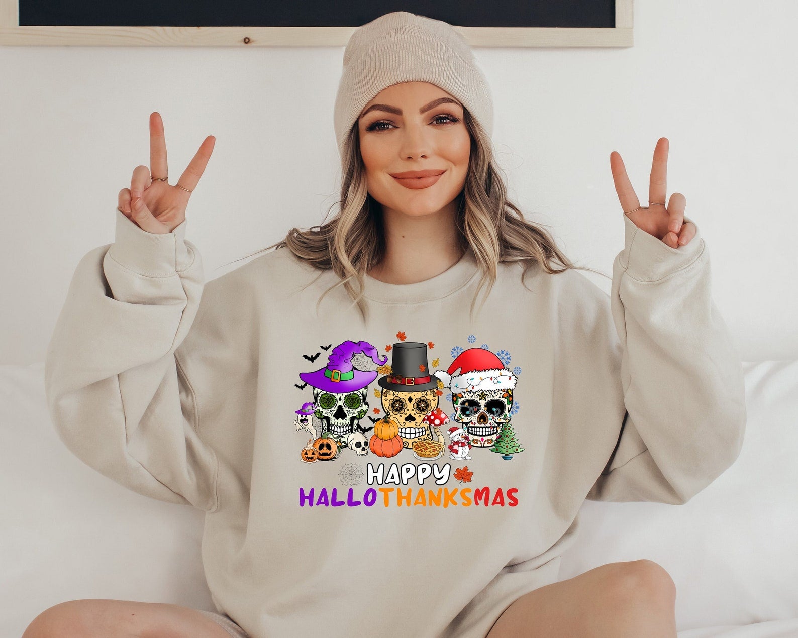 Happy Hallothankmas Sweatshirt Halloween 2D Crewneck Sweatshirt All Over Print Sweatshirt For Women Sweatshirt For Men Sws3598