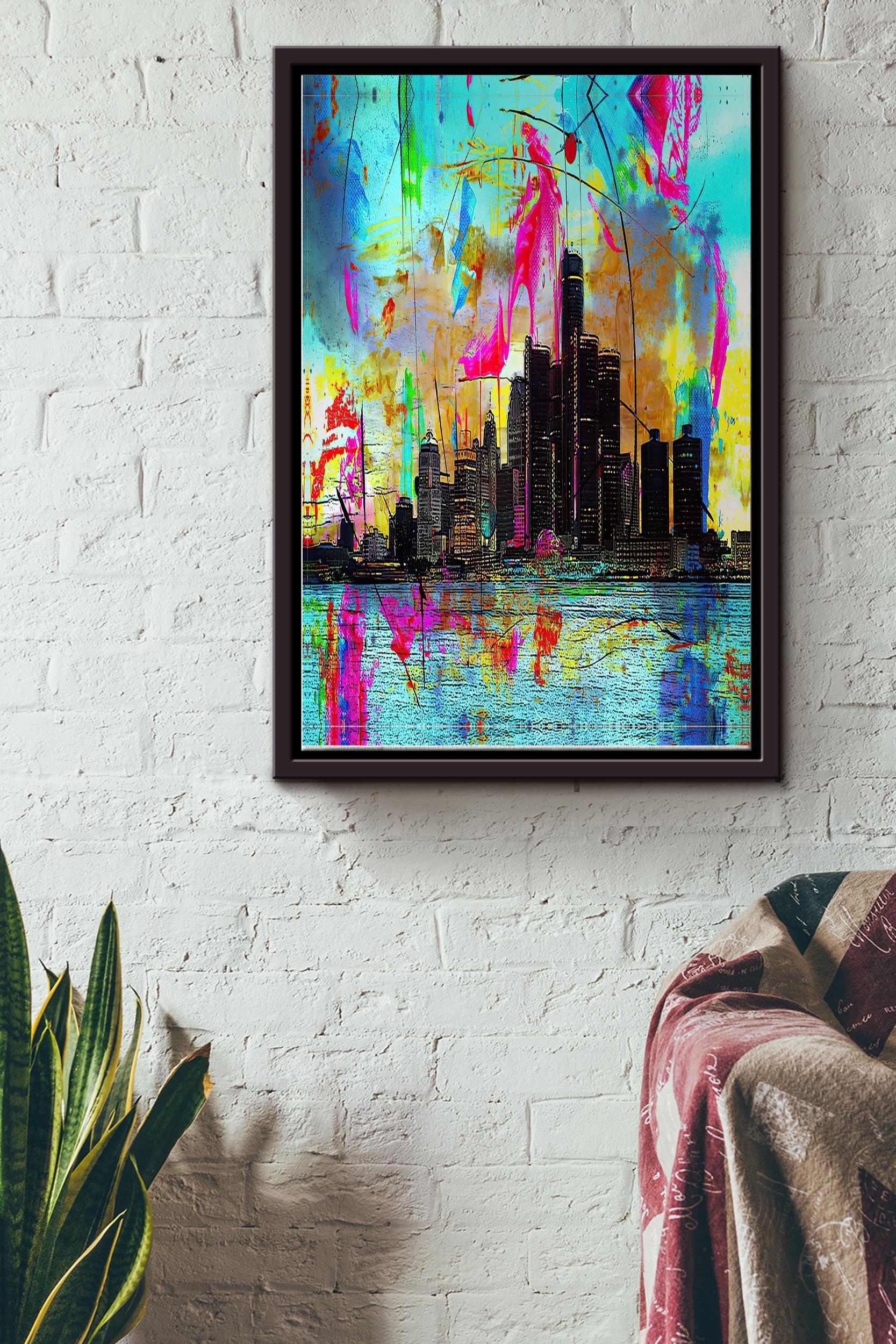 Abstract Detroit Skyline Poster – Painting Wall Art – Gift For American, Housewarming, Home Decor Framed Matte Canvas