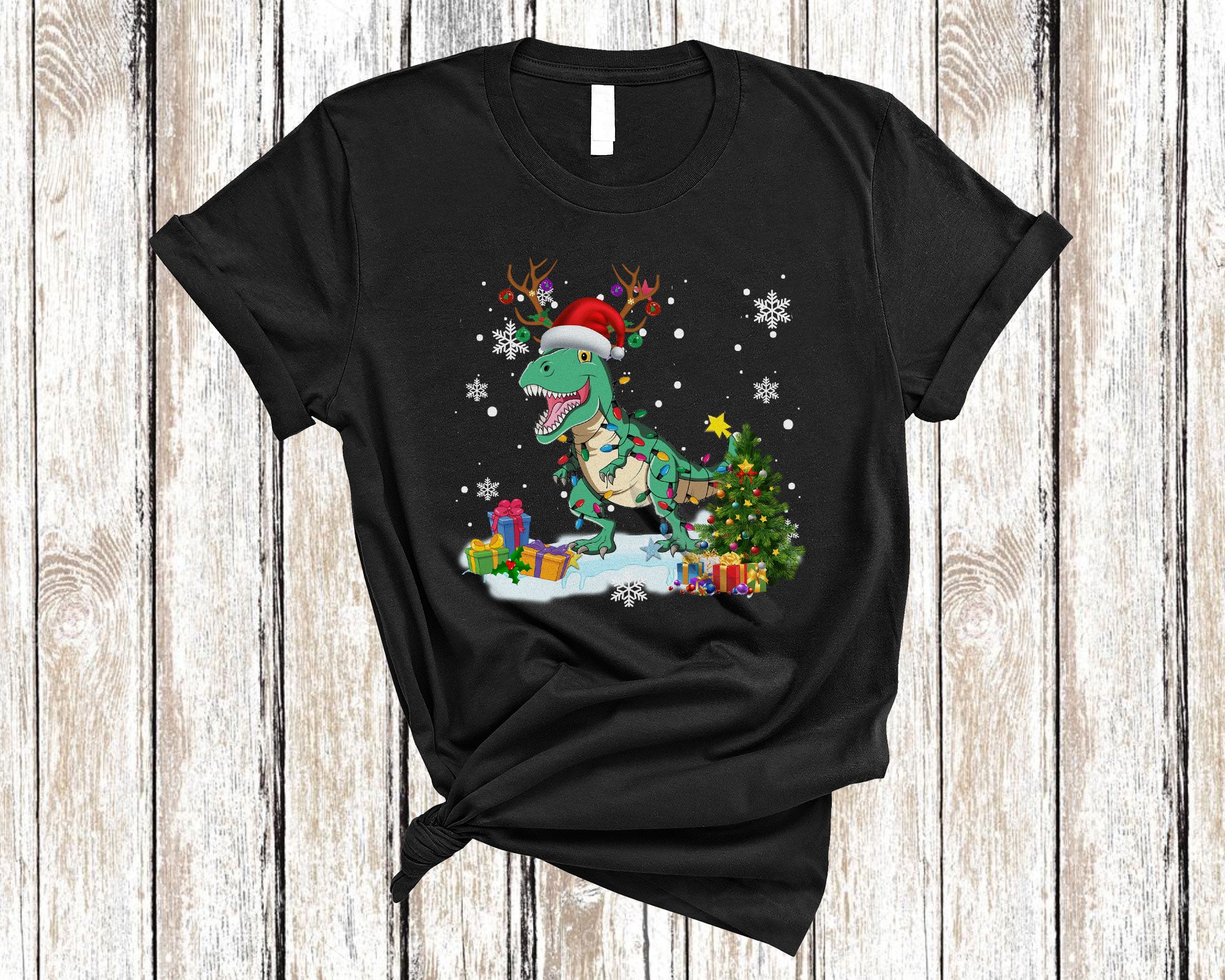 Christmas T-Rex Shirt Santa T-Rex Cute Christmas Light Tree Santa Reindeer T-Rex Farmer Gifts T-Shirt