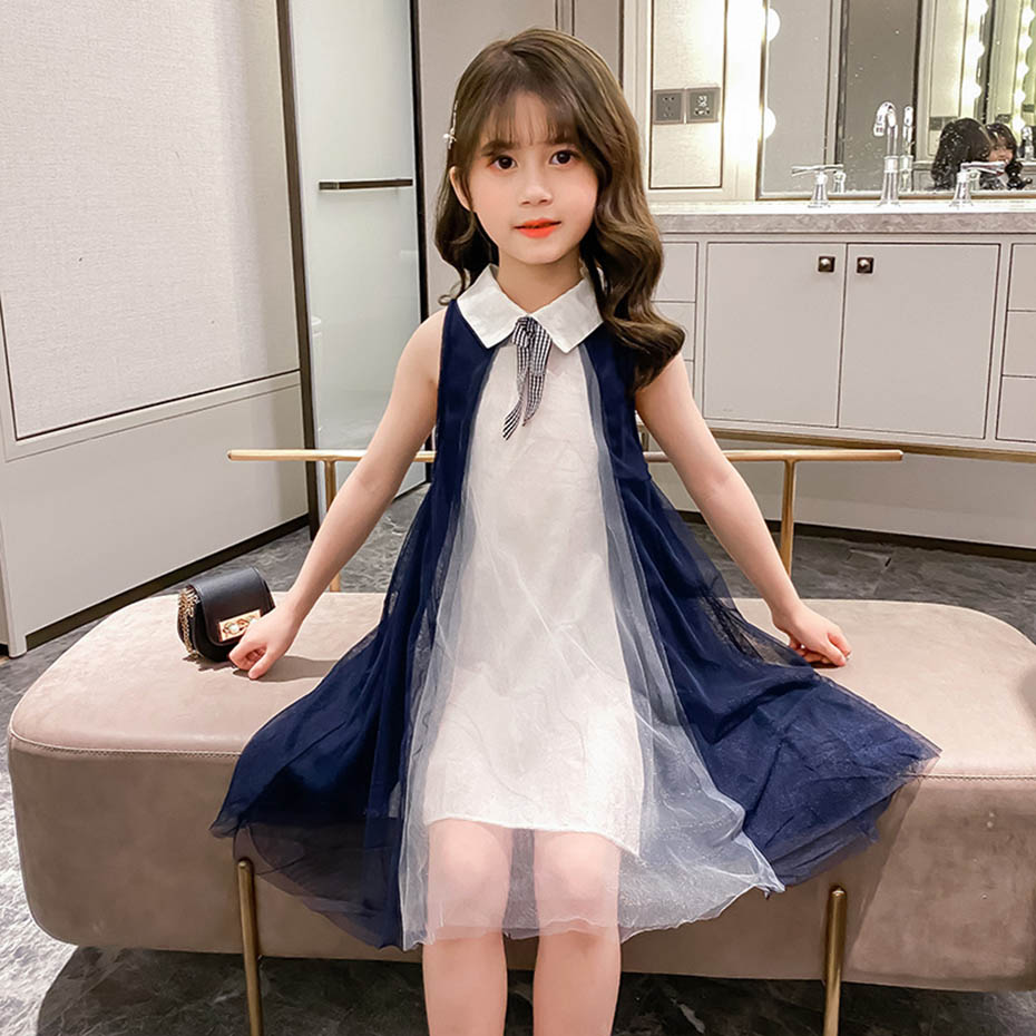 Summer Dresses For Girls Mesh Dress For Girl Turn Down Collar Children Party Dresses With Bow Patchwork Childrens Clothing alx