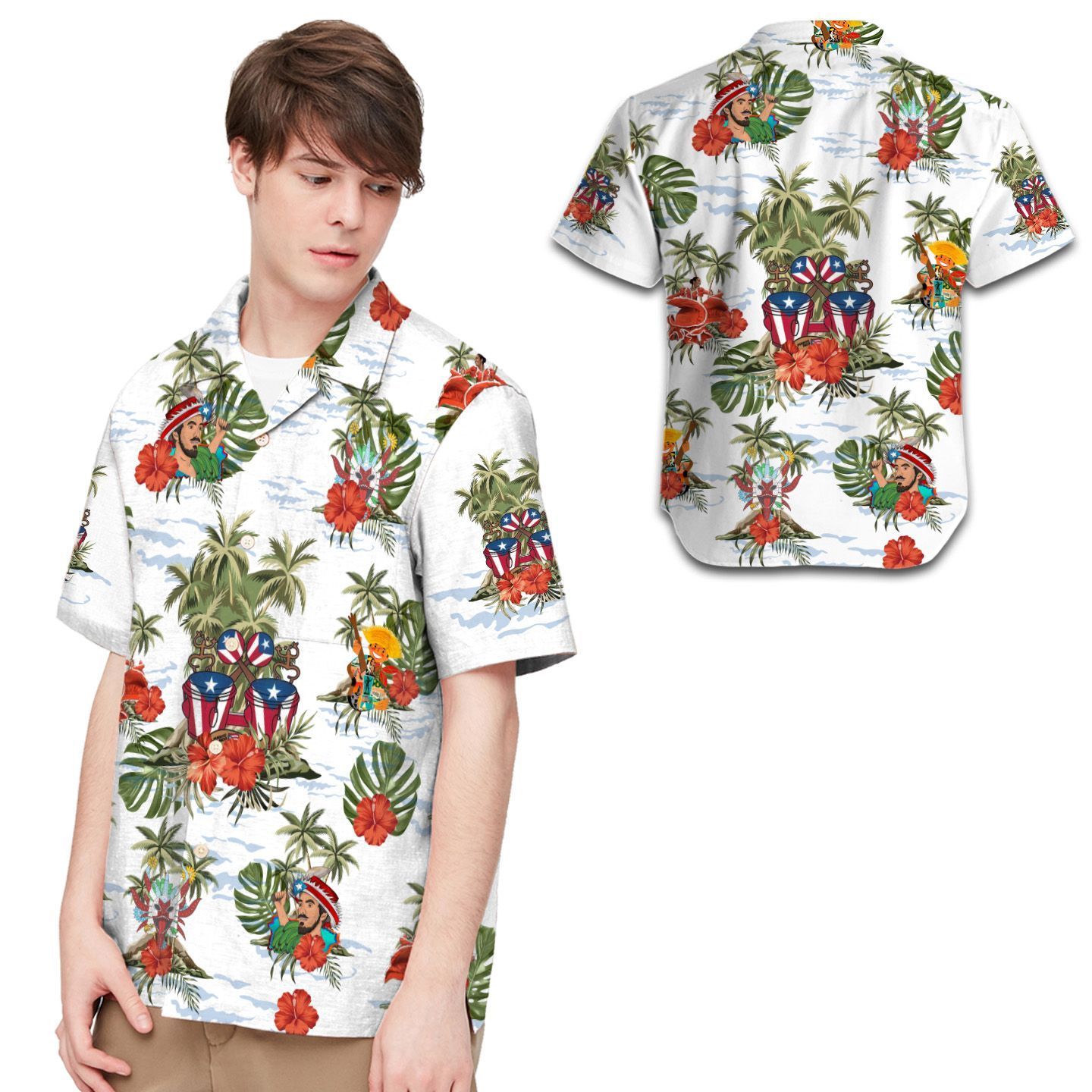 Beach Shirt Felacia [Hawaii Shirt] Puerto Rico Musical Instruments Coconut Tree For Puerto Ricans-Zx14568