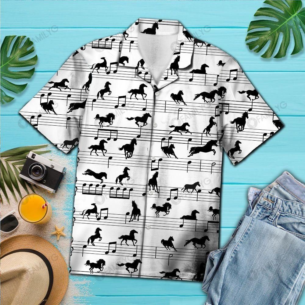 Music Shirt – Horse Music Notes Black And White Awesome Design Music Hawaiian Shirt Summer Hawaiian For Men, Women, Couple