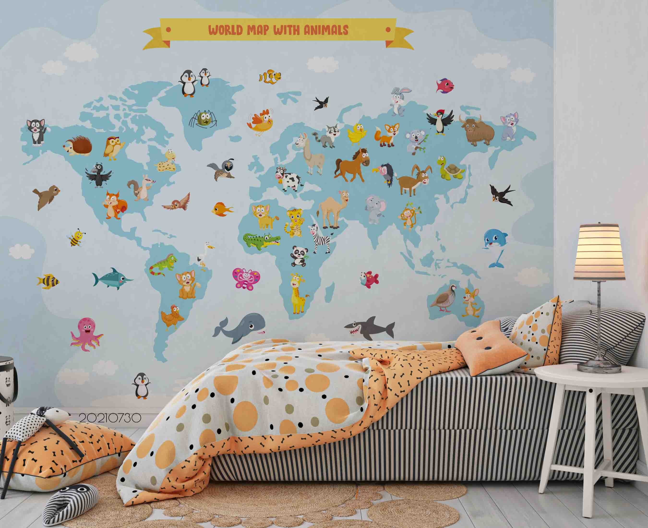 3D Map World Cartoon Animal Wall Mural Wallpaper Sww4485