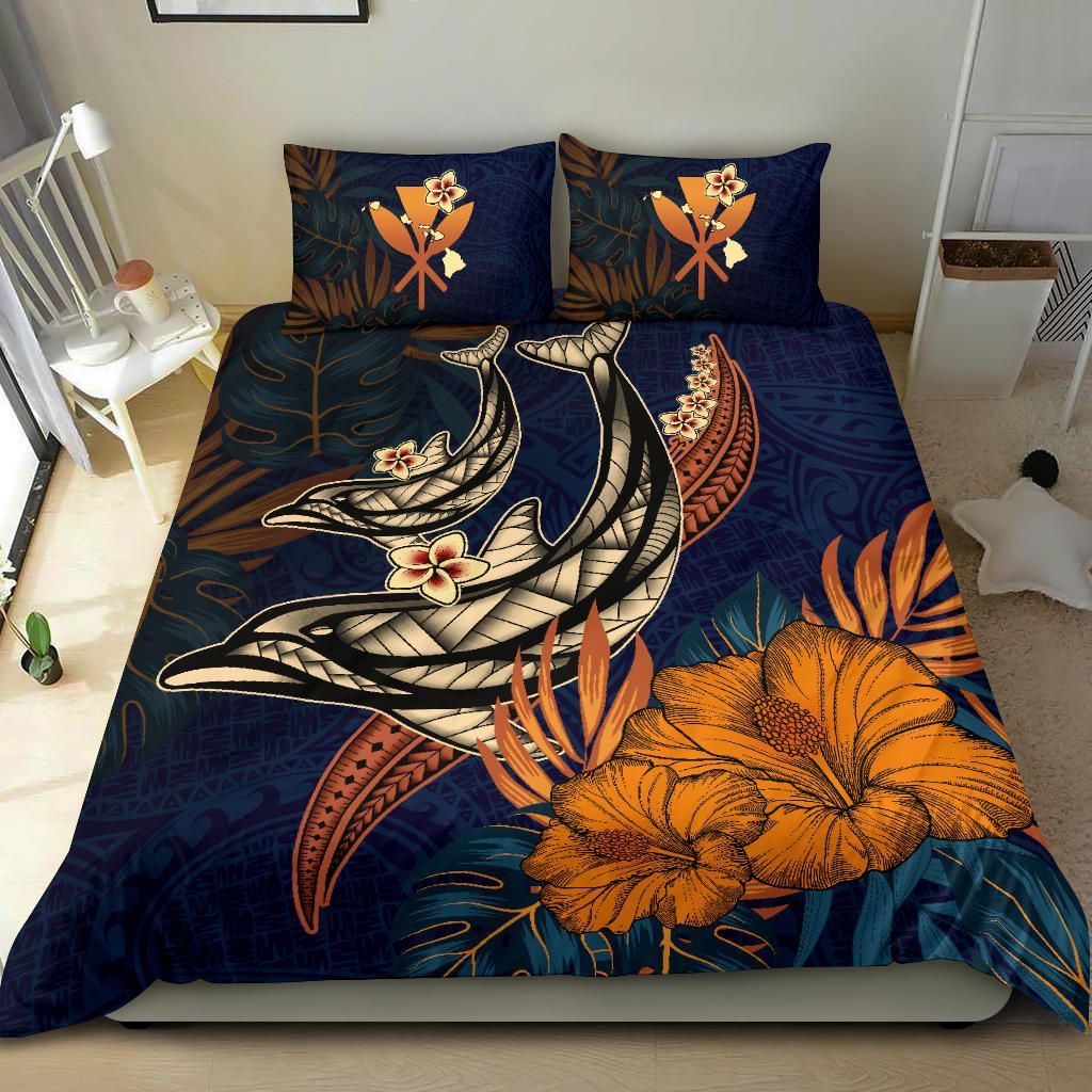 Alohawaii Bedding Set – Cover And Pillow Cases Kanaka Maoli (Hawaiian)  – Polynesian Dolphin Hibiscus And Plumeria A24