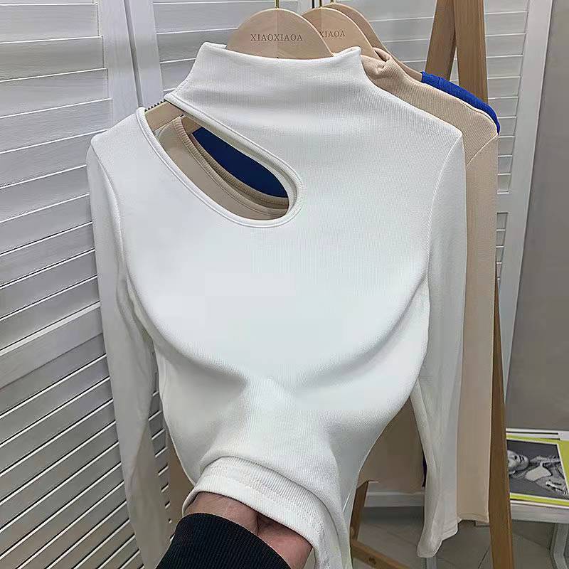 ZCSMLL Hollowed Out Half High Neck Off Shoulder Klein Blue Long Sleeve T-Shirt Women’s Spring New Inner Bottom Shirt Back Top alx